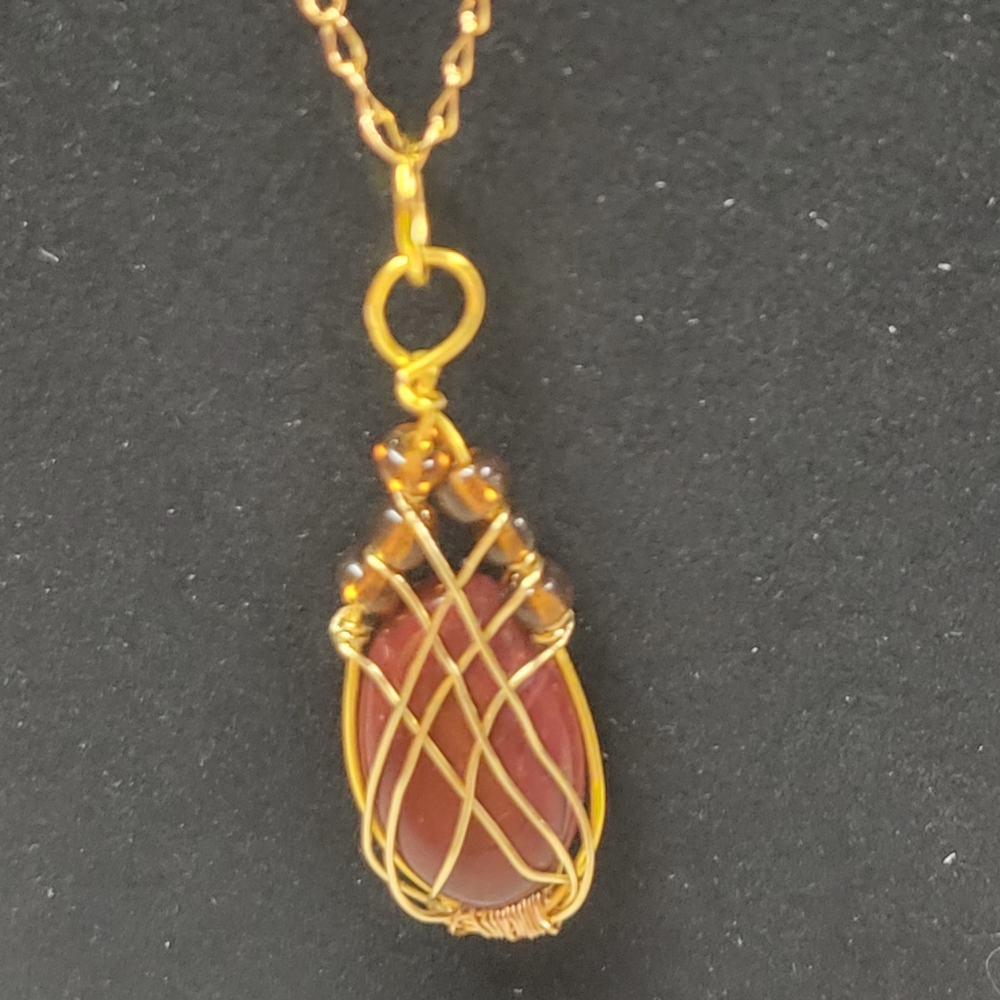 Handcrafted Gold Wire Wrapped with Red and Brown Stone Lotus Bud Necklace